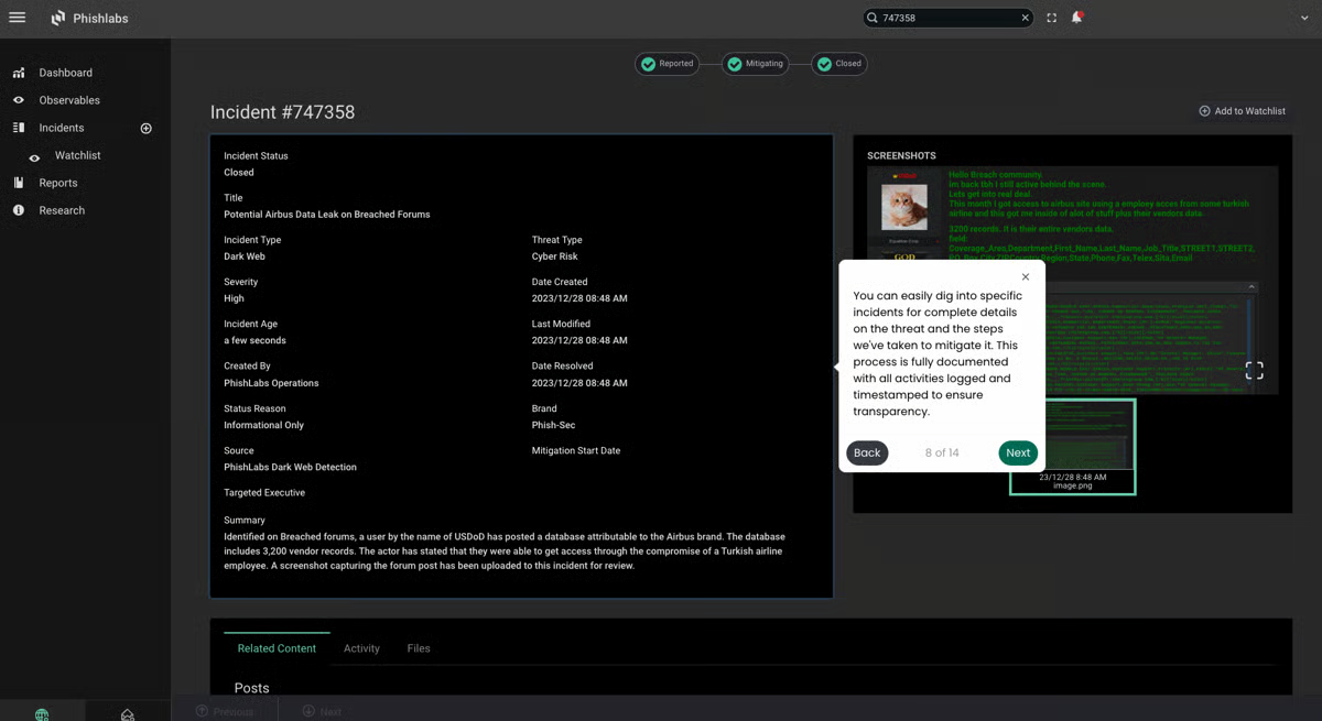Incident detail for a dark web finding: its progress from reported to mitigating to closed, a written summary and the captured screenshot of the post.