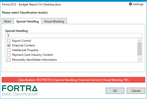 Data classification applied at the point of saving a document, with a classification level, special handling markers and visual marking.