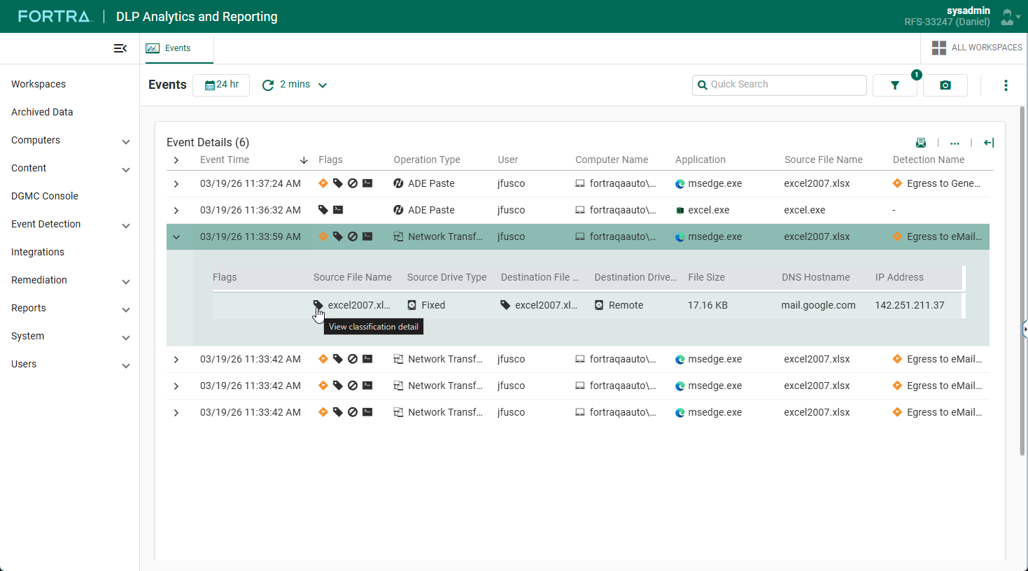 DLP event detail for an egress attempt to webmail, showing source and destination file, drive type, file size and destination host.